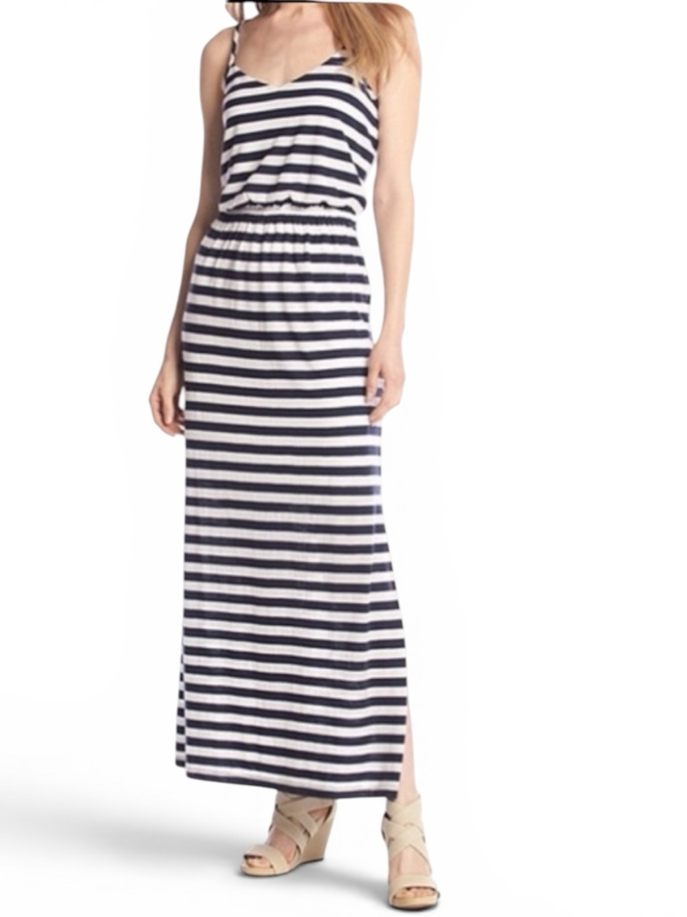 (Sizes S, L, XL) Navy & White Striped Maxi Dress